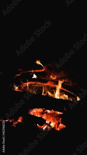 Close up shot of burning firewood in the fireplace. Fire flames on black background. The fire in the natural forest, flames and sparks. Logfire in fireplace. Hot coal. Red flame of burning firewood. photo