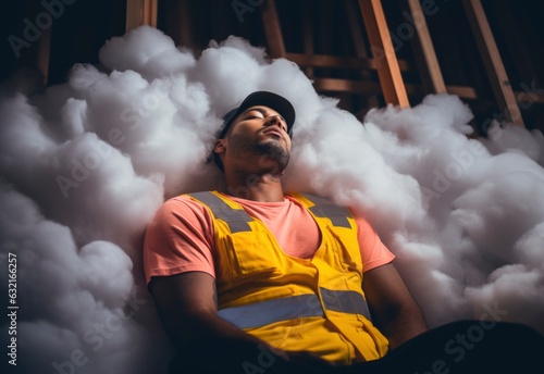 Construction worker sleeping on cotton clouds at the construction site. Labor day creative background. AI generated image photo