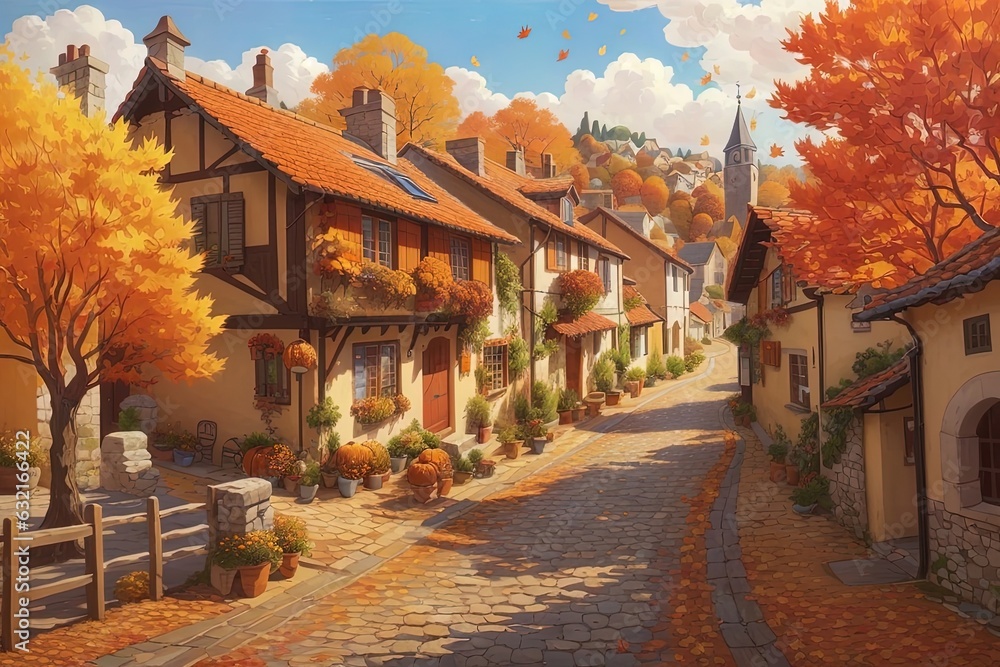 painting of a street with a cobblestone road and a church steeple painting of a street with a cobblestone road and a church steeple