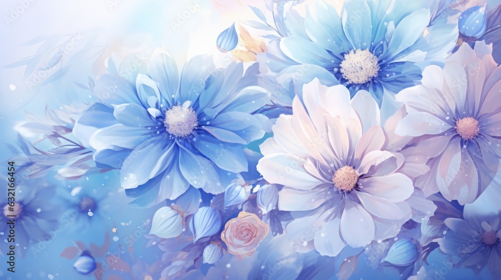 Obraz premium Photo of blue and white flowers on a vibrant blue background