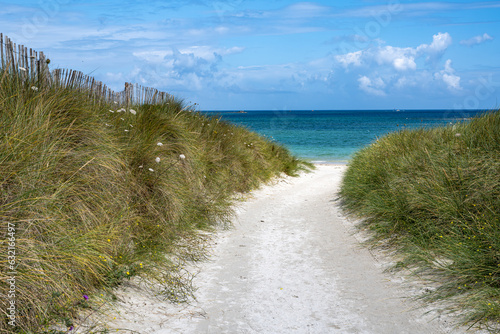 A dreamlike sandy path leads through green dunes to the turquoise sea in the north of Brittany under a blue summer sky.