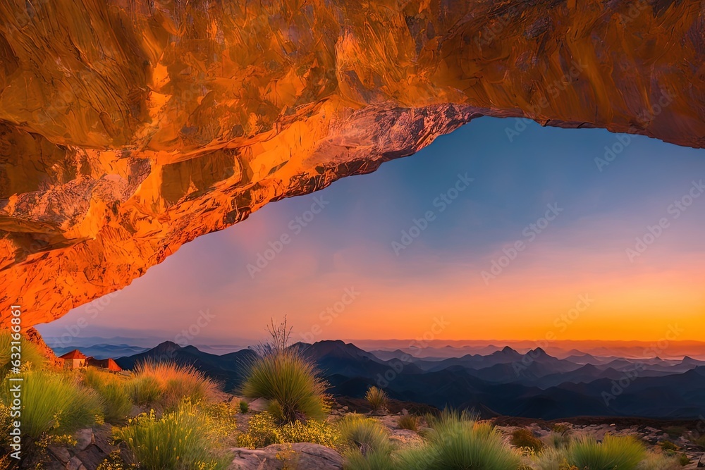 view of a sunset over a mountain range with a cave