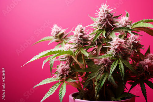 A marijuana plant on a pink background. Bright green cannabis leaves.