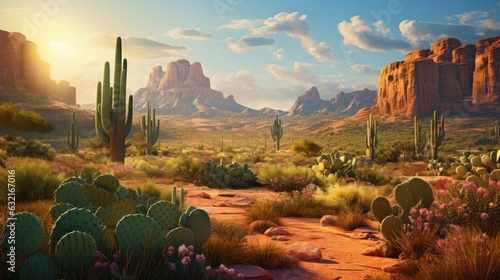 Photo of a beautiful desert landscape with cactus, rocks, and majestic mountains