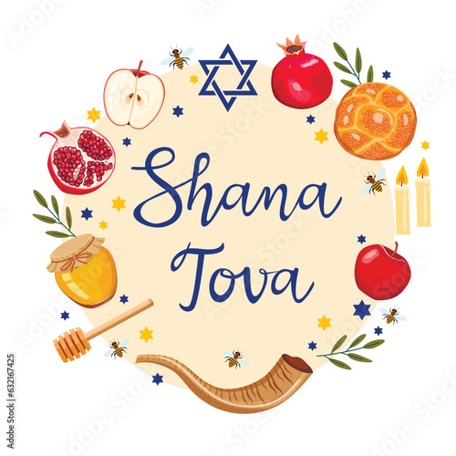 Rosh Hashanah greeting card design with hand drawing simbols of jewish new year apple, honey, shofar, fish and pomegranate. Vector illustration