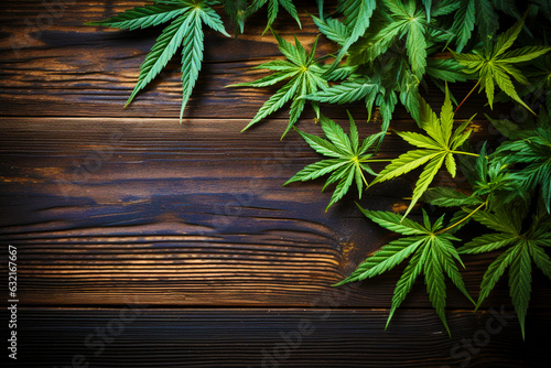 The leaves of the marijuana plant on a wooden background. Top view of cannabis leaves
