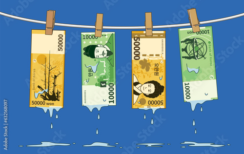 Money laundering, Korean money hanging on the clothesline.