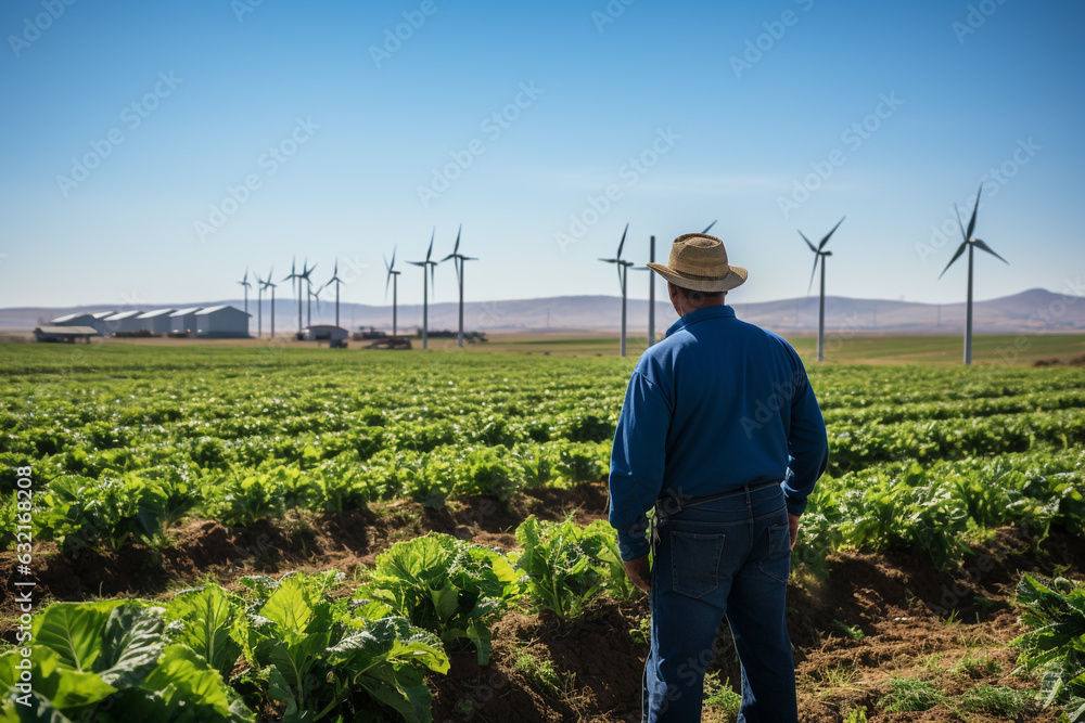 Fototapeta premium Generative ai farmer walking in his sustainable cultivation field powered by wind turbine