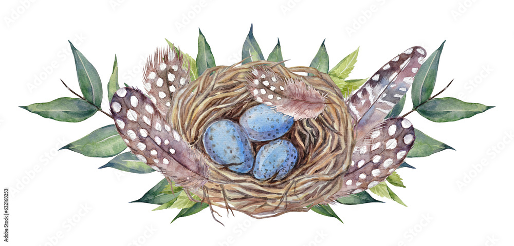 Watercolor composition with hand-painted elements of a bird nest with ...