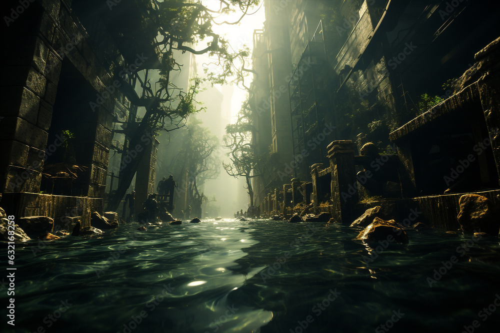 Generative ai abandoned post-apocalyptic city destroyed by flood