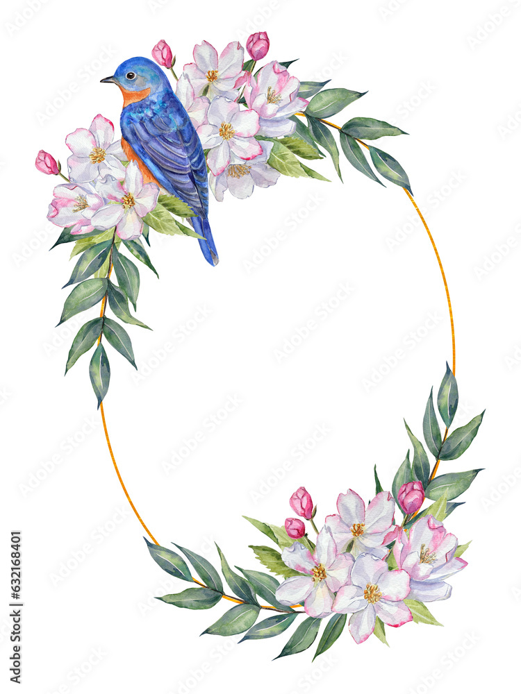 Watercolor pre-made frame with a bluebird and apple tree flower bouquets, and leaf branches. Pre-made frame for printing design. Watercolor pre-made frame with a bluebird and apple tree flower bouquets, and leaf branches. Pre-made frame for printing design.