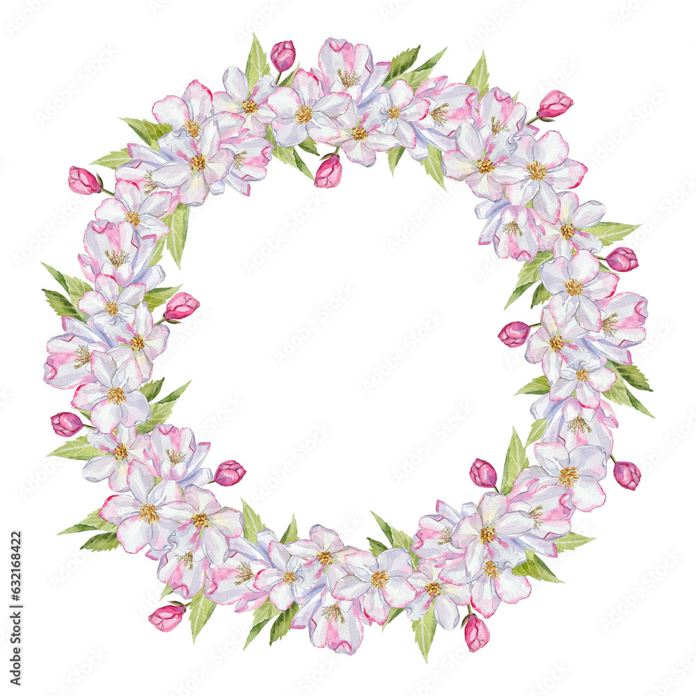 Watercolor wreath with hand-painted elements of apple tree flowers and leaves on transparent background. Pre-made flower wreath for printing design.