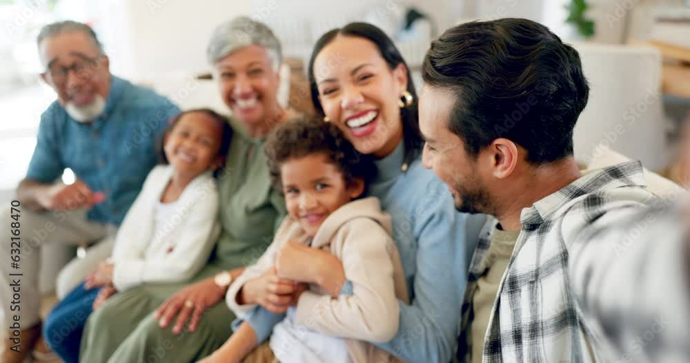 Happy big family, sofa and selfie laughing for photograph, memory or bonding in living room at home. Portrait of parents, grandparents and children in happiness for quality time or photo together