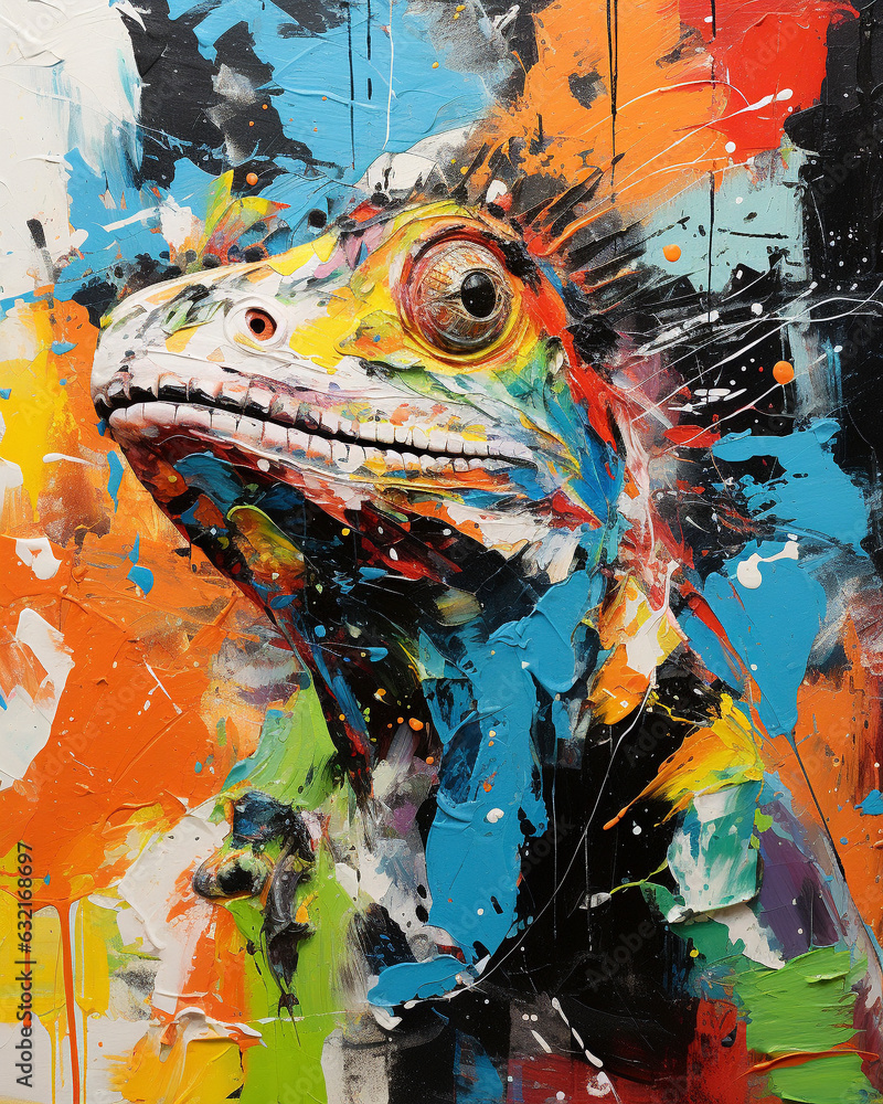 Abstract expressionist and watercolor digital painting of a iguana