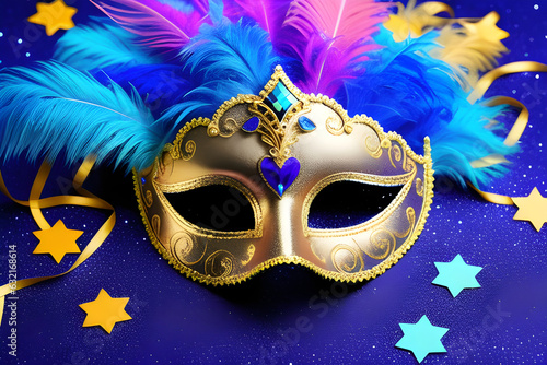 Carnival mask on blue background with sparkles. Mardi gras concept. Copy space