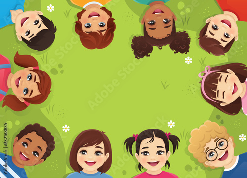 Different multiethnic kids boys and girls lying on grass together. Summer happy children day background isolated vector illustration
