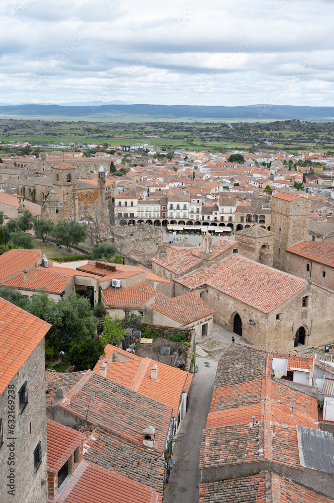 Trujillo. Spain: August 6th 2023: Panoramic View of Red Tiled Roofs and Stone Buildings
