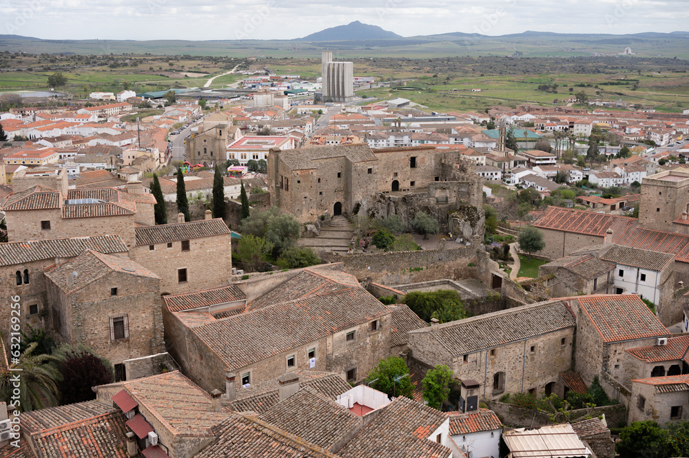 Trujillo. Spain: August 6th 2023: Panoramic View of Red Tiled Roofs and Stone Buildings
