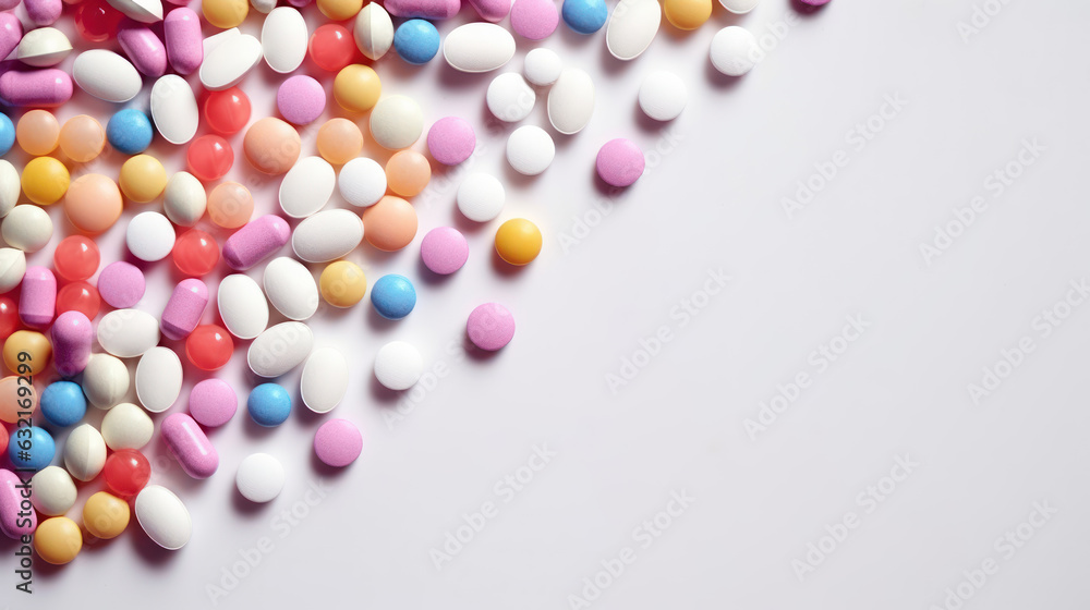 Composition with bunch of different colorful pills 