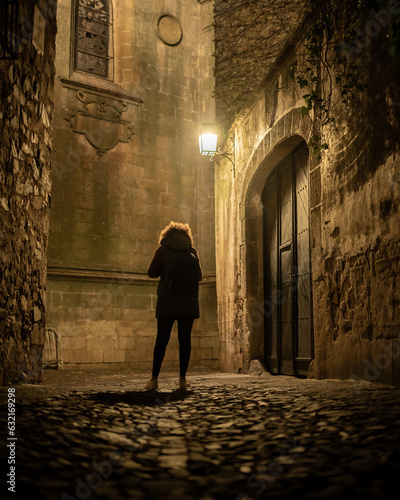 erson walking down a quiet cobblestone street at night. photo