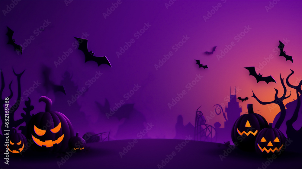 Halloween party background with clouds, bats and pumpkins, spiders web and witch cauldron. Orange and purple color backgrounds. Generative AI Halloween party background with clouds, bats and pumpkins, spiders web and witch cauldron. Orange and purple color backgrounds. Generative AI