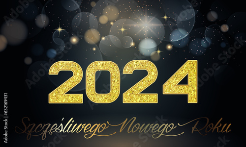 karta lub baner, aby życzyć szczęśliwego nowego roku 2024 w kolorze złotym na czarnym tle z kółkami w efekcie bokeh i gwiazdami