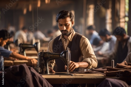 Asian Indian seamstress male workers in textile factory