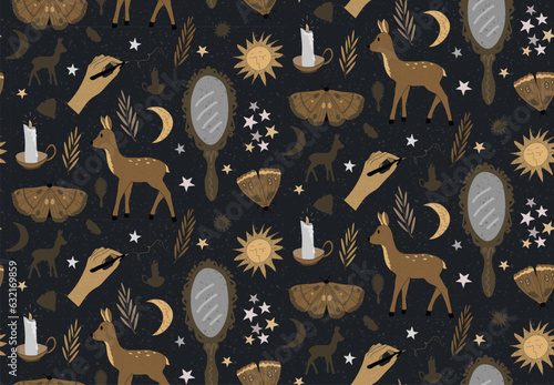 Spooky season seamless pattern in bohemian gothic style. Cozy black and brown dark magic surface design of witchery objects. Vector hand drawn alchemical surface design. 