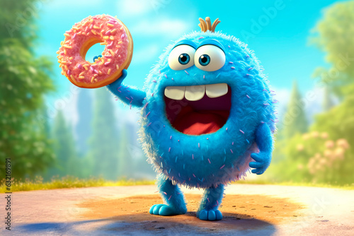 Welcome. Donut as treat. Generative AI. Cute character offering doughnut. National Donut Day or Fat Thursday. Image for Opening new cafe, coffee shop, sweet-shop, bakery, Menu presentation. 