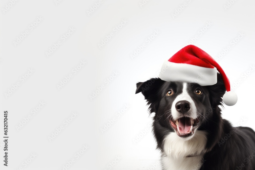 cute Border Collie wearing santa hat on white background, AI Generated