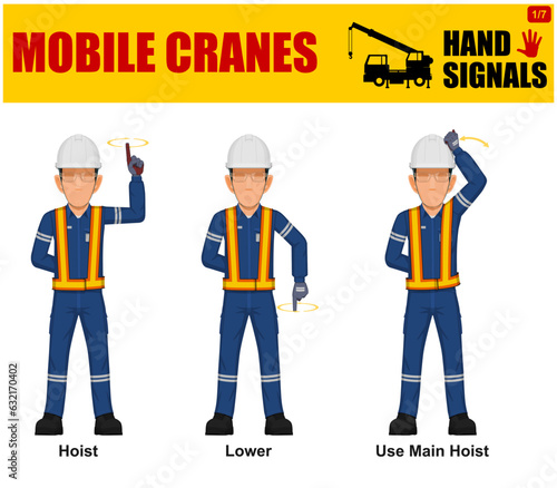 Set of worker present mobile cranes hand signal on white background