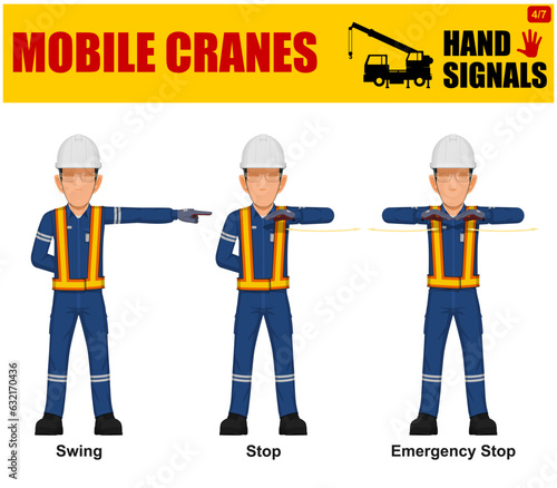Set of worker present mobile cranes hand signal on white background