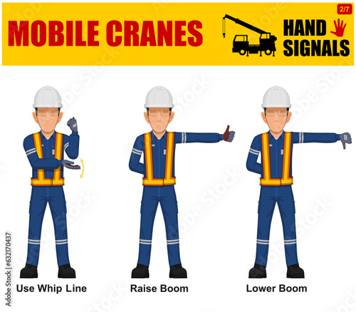 Set of worker present mobile cranes hand signal on white background