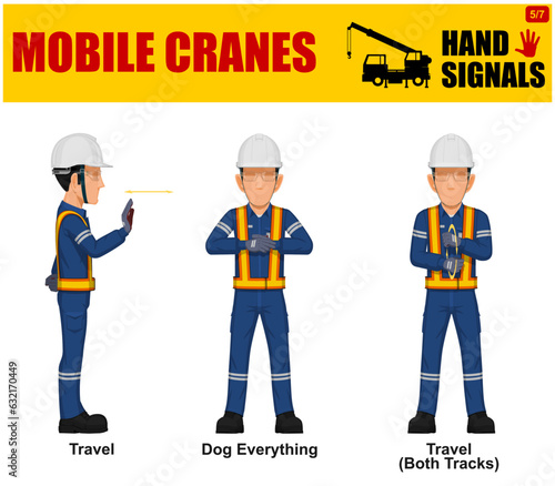 Set of worker present mobile cranes hand signal on white background