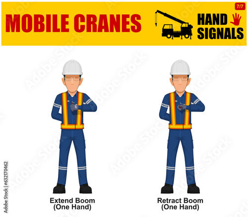 Set of worker present mobile cranes hand signal on white background