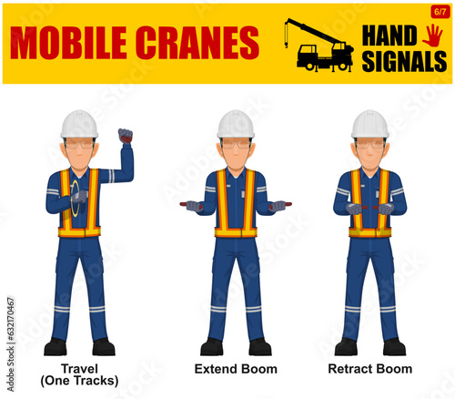 Set of worker present mobile cranes hand signal on white background