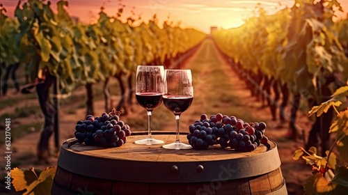 Two glasses of red wine and grape on wooden barrel in vineyard at sunset. Ai generative