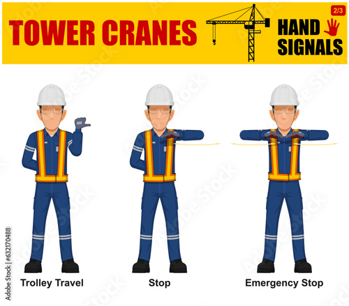 Set of worker present Tower cranes hand signal on white background