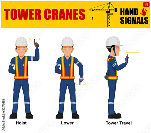 Set of worker present Tower cranes hand signal on white background