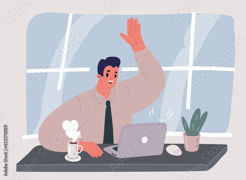 Vector illustration of Young man waving hand with laptop greeting or saying goodbye. Cartoon male character with welcoming gesture