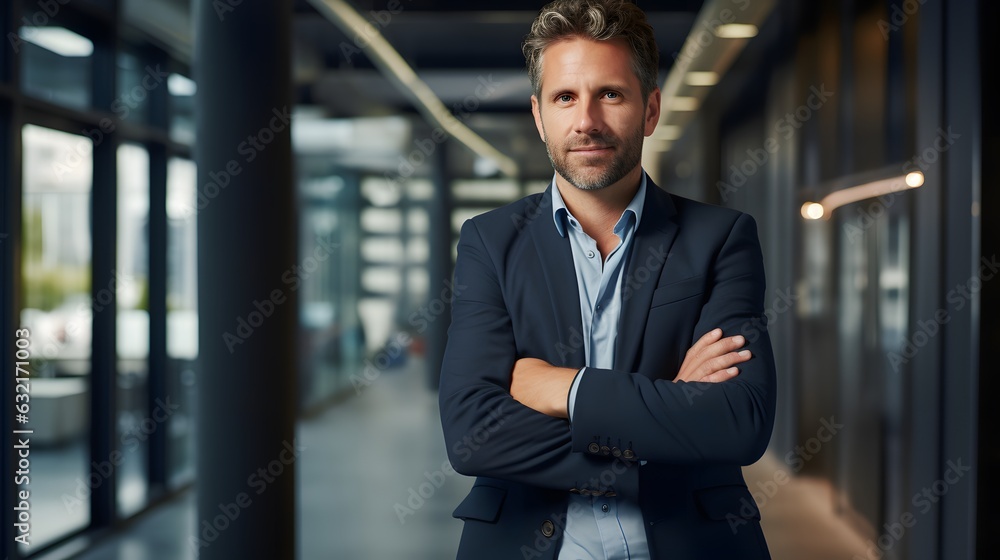 Happy middle aged business man ceo standing in office arms crossed Happy middle aged business man ceo standing in office arms crossed