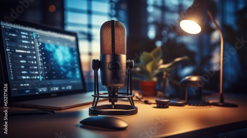 Close-up of the microphone on the table in a modern and comfortable podcast studio room with a laptop computer and other devices and gadgets