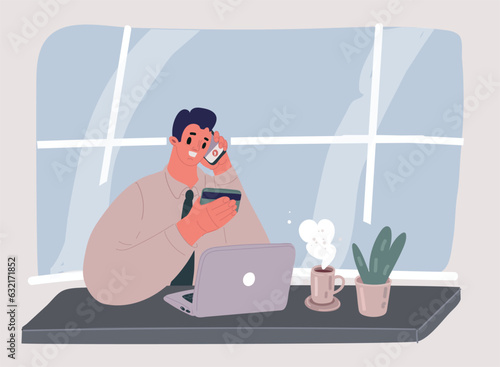 Vector illustration of Customer. Man online shopping with laptop in office