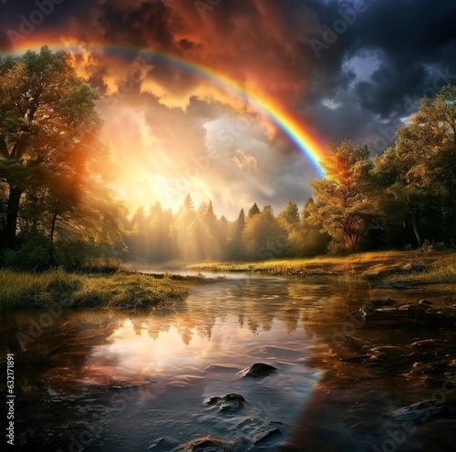 River and forest with Rainbow in the sky and sunset view of it