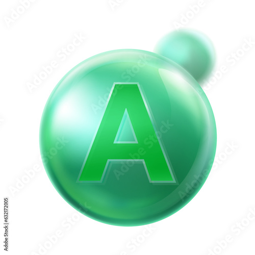 Vitamin A capsule green transparent isolated white background. Business concept medicine nutritional supplement, multivitamin. Vector illustration.