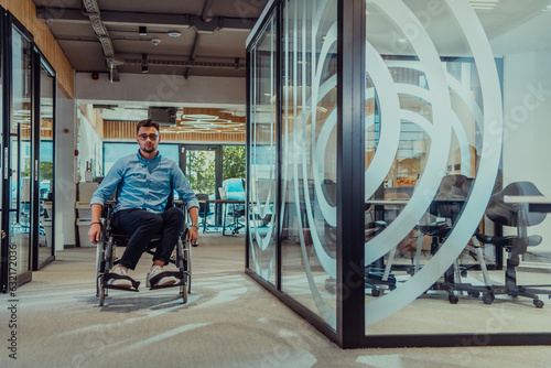 In a large modern corporation, a determined businessman in a wheelchair navigates through a hallway, embodying empowerment and inclusivity in the corporate world.