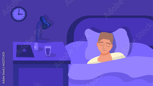 Happy Man sleeps sweetly in bed. Sleep.  Good night. Rest, relaxation, peace. Illustration in a flat cartoon style