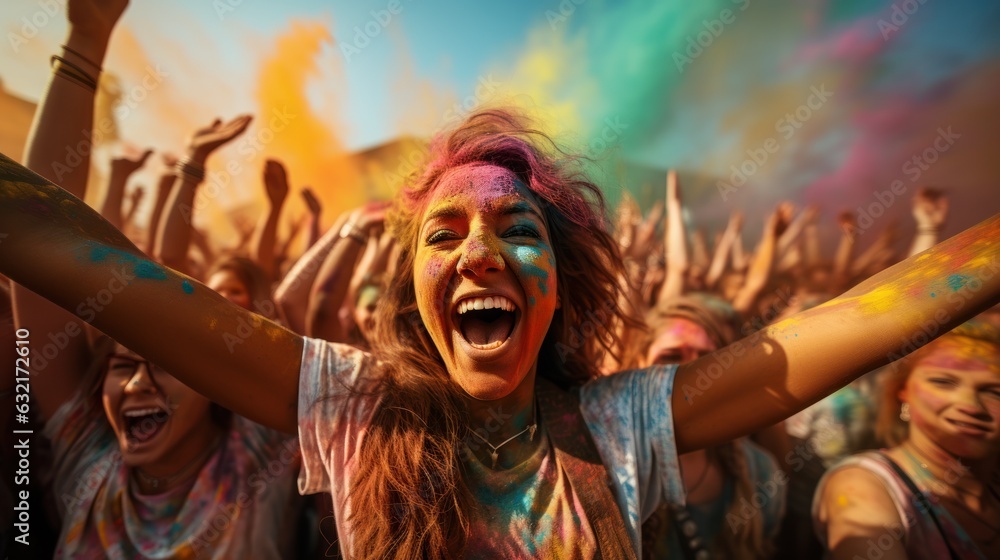 Obraz premium A big group of young people cheering and celebrating outside summer festival in the daytime laughing with joyful joy splashing colors Holi festival