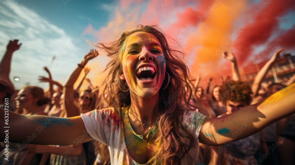 Obraz premium A big group of young people cheering and celebrating outside summer festival in the daytime laughing with joyful joy splashing colors Holi festival