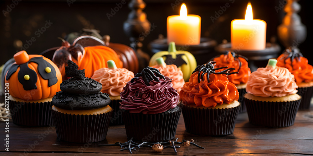 halloween cupcakes with candles, Group Of Halloween Cupcakes Made Of Chocolate With Orange And Brown Decorations Background, generative Ai